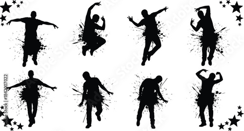 Set of Eight Black Vector Silhouettes of Dancing Men with Dynamic Splatter Effects, Figures Representing Breakdance, Hip Hop, Movement, Energy, and Urban Street Art Culture