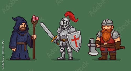 A pixel art trio featuring a mystical wizard, a valiant knight with a sword, and a sturdy dwarf warrior, perfect for retro fantasy game designs.