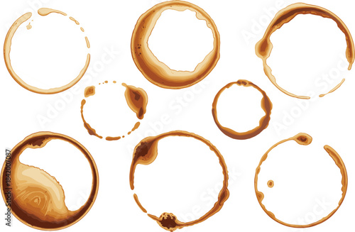 Set of realistic coffee cup ring stains in various shapes and splatters, perfect for design textures, background elements and creative artistic effects