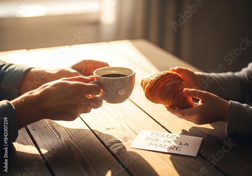 Hands Sharing Mother’s Day Breakfast — Cozy Morning Scene — Wide Lifestyle Shot
