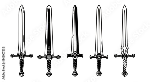 Set of Classic Medieval Swords Vector: Blades with Detailed Hilts in Vintage Style.