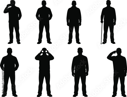 Set of Eight Black Vector Silhouettes of Standing Men in Various Poses, Including Saluting and Using Binoculars, Representing People, Figures, Authority, and General Human Presence for Design