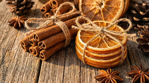 Rustic arrangement of dried oranges and cinnamon sticks on wooden table