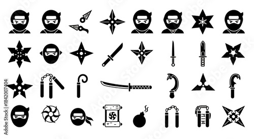 Set of Ninja and Shinobi Black Icons: Shuriken, Katana, Nunchaku, and Masks Weapon Silhouettes.