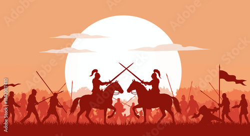 Medieval War Battle Sunset Silhouette: Knights on Horseback Fighting with Swords and Spears Vector.