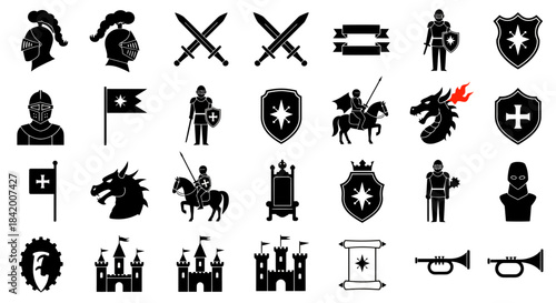 Medieval Knight and Fantasy Black Icons Set: Helmets, Swords, Shields, Dragons, Castles, and Flags Silhouettes.