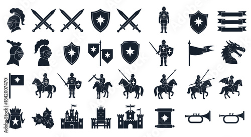 A comprehensive collection of medieval knight and fantasy-themed silhouette vector icons, perfect for historical designs, gaming interfaces, and graphic resource projects.