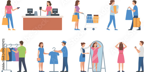 Shopping and retail illustration set, customers buying clothes, checkout counter, trying outfits, grocery cart, modern flat style consumer activity artwork