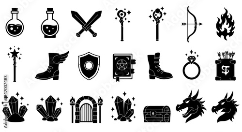 Fantasy and Role-Playing Game Icons Set: Dragon, Potions, Swords, Magic, and Treasure Chest Silhouettes.