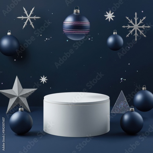 Christmas Ornament Showcase: A festive arrangement features elegant navy blue Christmas ornaments and snowflakes, gracefully surrounding a white platform.