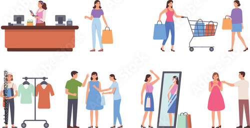 Shopping and retail illustration set, customers buying clothes, checkout counter, trying outfits, grocery cart, modern flat style consumer activity artwork