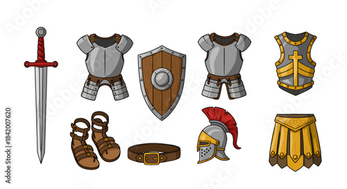 Set of Medieval and Roman Warrior Equipment Icons: Sword, Armor, Shield, Helmet, and Sandals Vector.