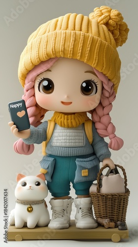 Cute Cartoon Girl with Cat and Basket Holding 'Happy' Phone, Whimsical Character Design