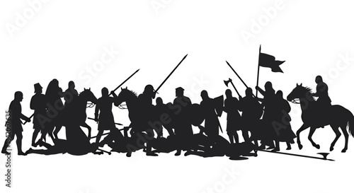 Medieval War Battle Scene Silhouette Vector: Army, Knights, and Horsemen Fighting in Historic Combat.