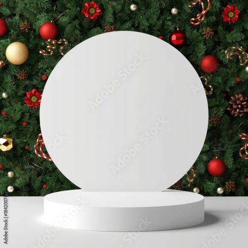 Festive Presentation Stage: A festive stage against a backdrop of a decorated Christmas tree. The circular platform is ideal for showcasing products or celebrating special occasions.