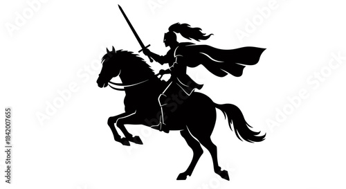 Female Knight or Joan of Arc Warrior Riding Horse with Sword and Flowing Cape Silhouette Vector.