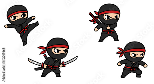 A dynamic vector illustration presents a set of cute cartoon ninja characters in various martial arts poses, including one wielding dual swords.