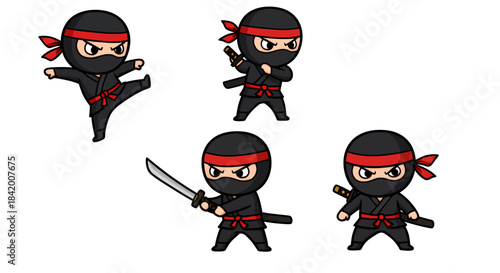 Cute Cartoon Ninja Characters in Various Action Poses with Sword and Katana Vector Set.