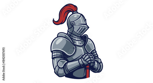 A stylized vector illustration depicts a medieval knight in shining full plate armor, holding his formidable sword upright, ready for battle or a noble quest.