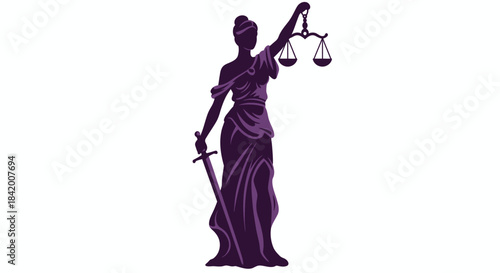 Lady Justice Themis or Justitia Holding Scales and Sword Silhouette Vector Icon.