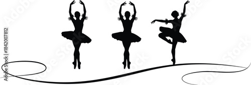 Set of Three Black Ballerina Silhouettes in Pointe Shoes Dancing on an Elegant Swirl, Representing Classical Ballet, Grace, and Theatrical Performance Art, Isolated Vector