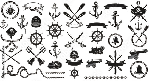 A comprehensive collection of vintage nautical and pirate-themed vector icons, perfect for maritime adventures, treasure maps, and classic seafaring designs.