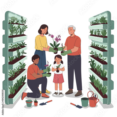Diverse Family Nurturing a Sustainable Home Garden with Vertical Planters
