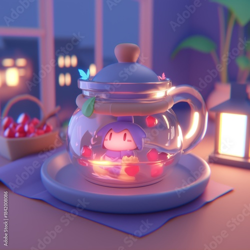 Glass Teapot with Cartoon Figure, Red Fruit and Butterflies on Nighttime Table