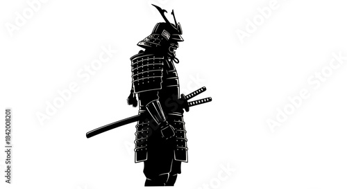 Silhouette of a Traditional Japanese Samurai Warrior with Katana Sword Vector Illustration