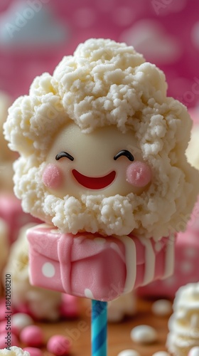 White Fluffy Smiling Lollipop with Pink Gift Box, Colorful Candy Background