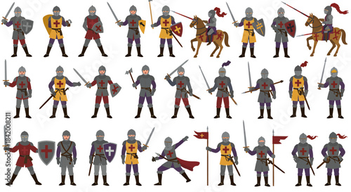 Extensive Set of Medieval Knight & Warrior Characters: Diverse Armored Soldiers with Weapons, Shields, and Horseback Poses Vector