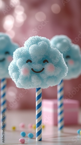 Blue Sparkly Cloud-Shaped Smiling Lollipop with Striped Stick, Pastel Background