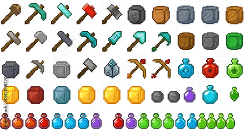 Pixel Art Game Items Set: Mining Tools, Crafting Materials, Precious Gems, Bows & Magic Potions Collection