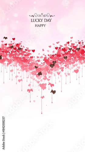 Pink Background with Hanging Red Hearts and 'LUCKY DAY HAPPY' Text, Whimsical Festive Design