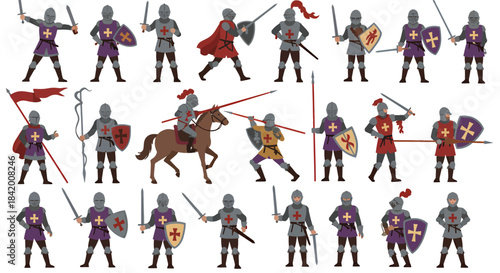 Extensive Collection of Medieval Knight Characters: Armored Warriors with Diverse Weapons, Shields, and Horseback Poses Vector Set