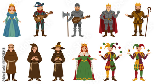 Diverse Medieval & Fantasy Character Set: Royal Figures, Knights, Bards, Monks, and Jesters Vector Illustration