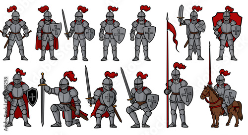 Medieval Knight Character Set: Armored Warriors with Swords, Shields, Spears, and Horseback Poses Vector Collection