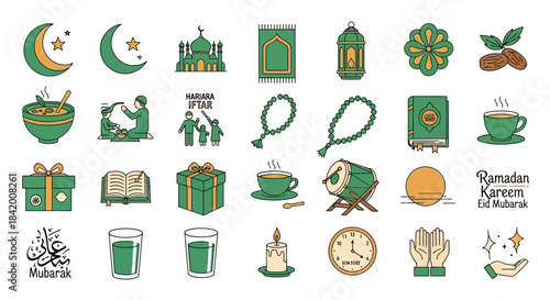 Ramadan Kareem and Eid Mubarak celebration icon set, featuring a vibrant collection of traditional Islamic symbols, festive elements, prayer items, and cultural objects for the holy month