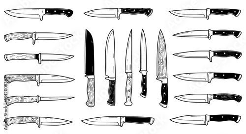 Diverse Collection of Knives: Various Styles of Kitchen, Hunting, and Utility Blades Vector Illustration Set