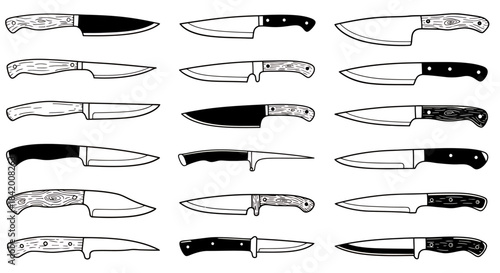 Extensive Set of Kitchen & Utility Knives: Diverse Blade Styles in Outline and Silhouette Vector Illustrations