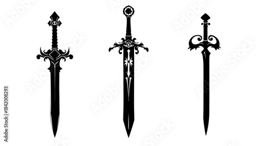 Three Ornate Black Fantasy Sword Silhouettes: Detailed Medieval Weapon Vector Illustration Set