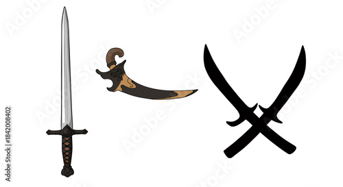 Set of Fantasy Weapons: Medieval Sword, Curved Dagger, and Crossed Scimitar Silhouettes Vector Illustration