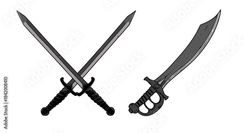 Set of Three Ornate Fantasy Swords: Detailed Medieval Warrior Blades with Golden Hilts and Intricate Designs Vector Illustration