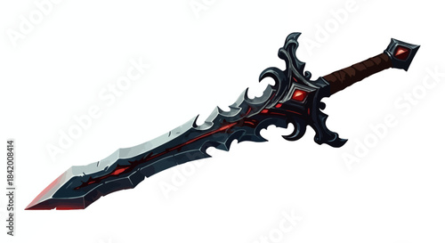 Ornate Dark Fantasy Sword with Red Gems and Spiked Hilt Vector Illustration