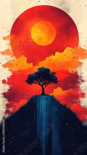 Tree on Cliff Under Vibrant Red Sun, Watercolor Style