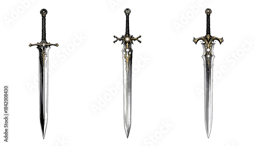 Set of Three Ornate Fantasy Swords: Detailed Medieval Warrior Blades with Golden Hilts and Intricate Designs Vector Illustration