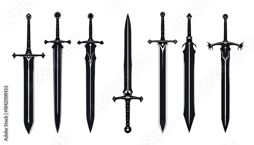 Set of Seven Dark Fantasy & Medieval Swords: Black Silhouette Weapon Designs Vector Illustration