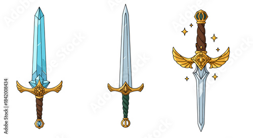 Set of Three Fantasy Swords: Magical Blades with Golden Hilts and Winged Design Vector Illustration