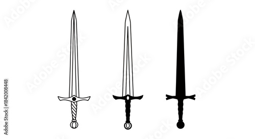 Set of Three Medieval & Fantasy Swords: Outline and Silhouette Warrior Blade Designs Vector Illustration
