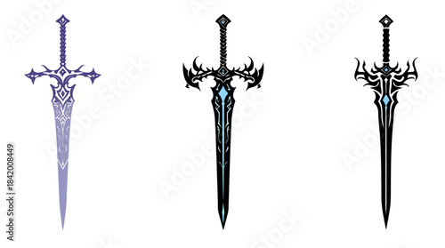 Set of Three Ornate Dark Fantasy Swords: Magical Blades with Winged and Glowing Designs Vector Illustration